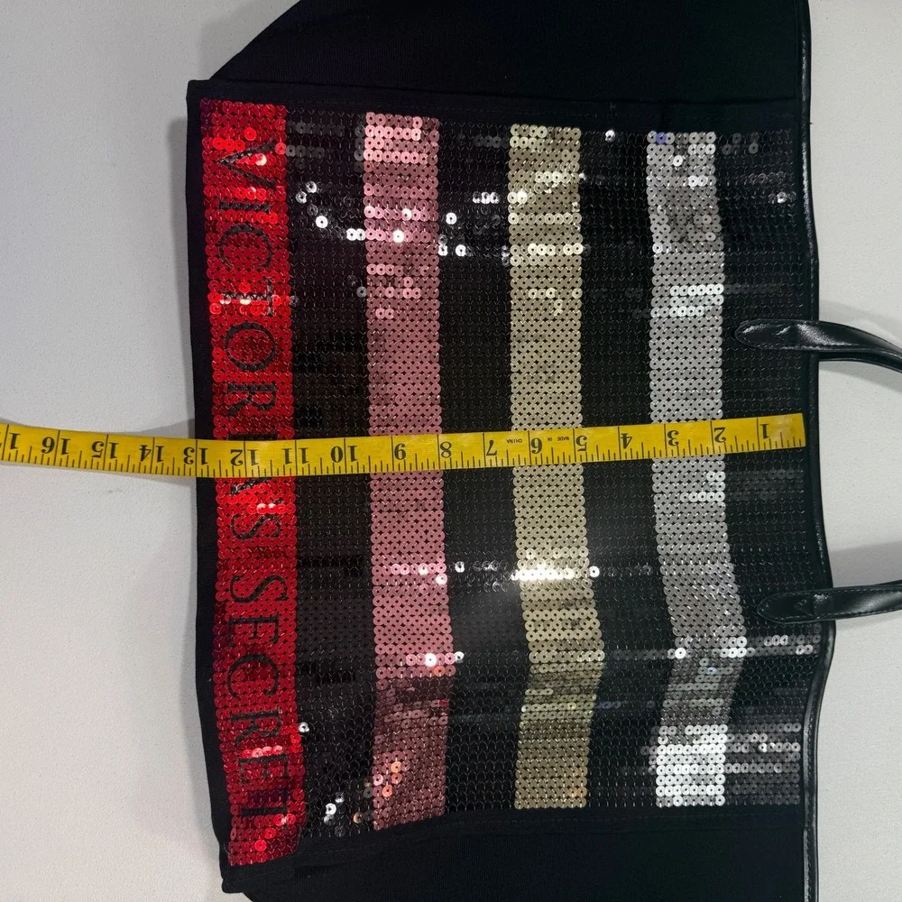 Victoria Secret Tote Bag Black Sequin Stripe Weekender Travel Beach Large